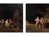 deux tableaux représentant des personnes dans une pièce sombre ; l'une d'entre elles est en train de manger