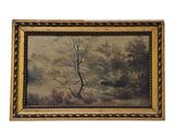 un tableau représentant un paysage avec des arbres et des buissons, dans un cadre doré