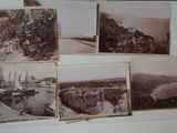 several old black and white photos of a river and a bridge