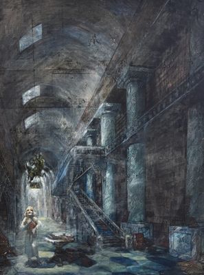 une image représentant un tableau où l'on voit un homme marchant dans un couloir