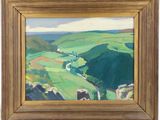 a painting of a green valley with hills in the background