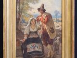 a painting of a man and a woman sitting on a bench with sheep in the background