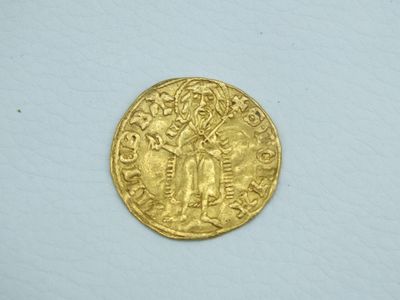 a close up of a gold coin on a white surface
