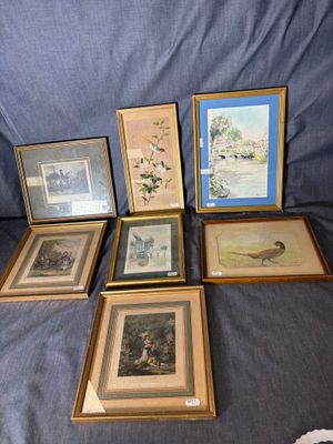 six photos encadrées représentant des oiseaux et des fleurs sur fond bleu