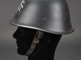 a close up of a helmet on a mannequin head
