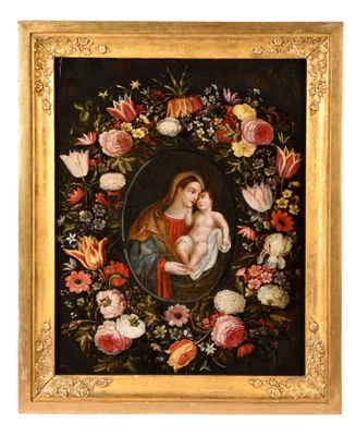 an image of a painting of a woman holding a child in a wreath of flowers