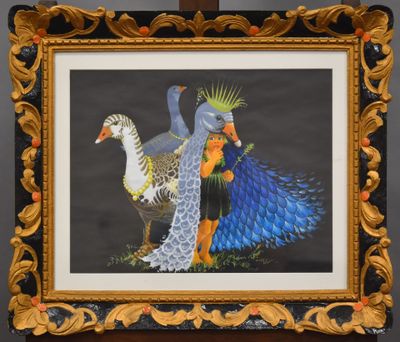 a picture of a painting of a woman and two birds