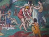a painting of a group of people in a park