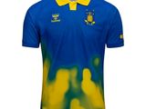a blue and yellow polo shirt with a yellow collar
