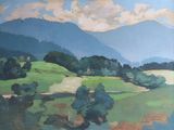 painting of a landscape with hills, trees, and a river