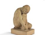 sculpture of a man sitting on a wooden block with his head in his hands