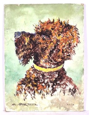 STIEVENARD (XXe)."Tête de chien", huile sur carton signée en…