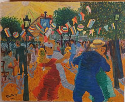 un tableau représentant un homme et une femme en train de danser dans un parc