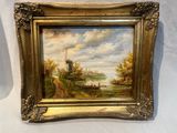 une peinture à l'huile représentant un bateau sur une rivière avec un moulin à vent en arrière-plan