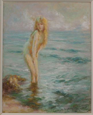 une peinture à l'huile représentant une femme debout dans l'eau, près d'un chien