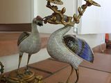 two birds that are standing next to each other on a table