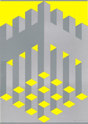 une affiche jaune et grise ornée d'un motif géométrique