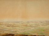 an old painting of a view of a city from the top of a hill