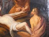 painting of jesus on the cross being nailed to the cross by two men