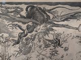 a picture of a drawing of an animal attacking a bird