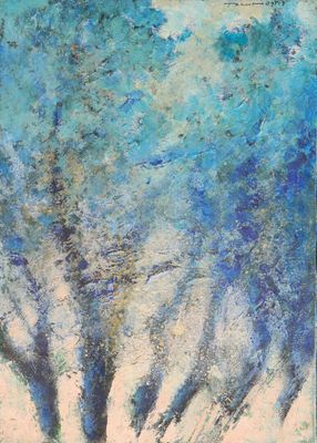 painting of a group of trees in a field with a sky background