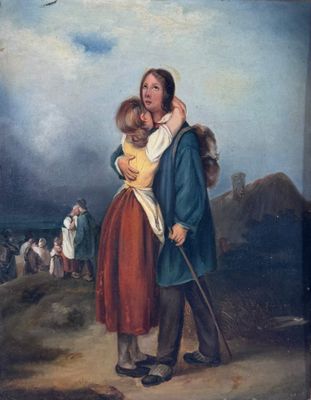 an oil painting of a man and a woman holding a child