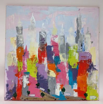 abstract painting of a cityscape in bright colors on a white wall