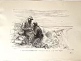 dessin représentant un homme et une femme assis sur un banc au bord de l'eau