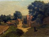 tableau représentant un village où l'on voit un homme promener son chien sur un chemin de terre