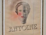 painting of a woman ' s face in a frame with the word ' antione ' on it