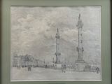 dessin représentant une vue d'un monument avec une tour horloge en arrière-plan