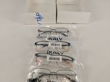 three pairs of glasses are in a white box on a white surface