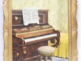 tableau représentant un piano et un tabouret dans une pièce aux murs jaunes