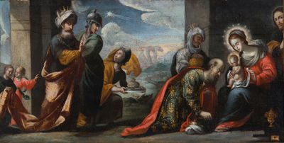 une image d'un tableau représentant un groupe de personnes dans une pièce