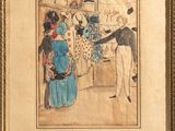 an old picture of a man and a woman standing in front of a mirror