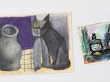 deux dessins représentant des chats et un vase posé sur une table