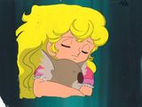 un dessin représentant une petite fille tenant un ours en peluche