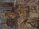 un tableau représentant une femme assise à une table dans une pièce