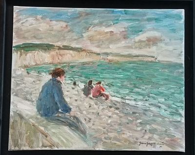 un tableau représentant des personnes assises sur la plage, au bord de l'eau