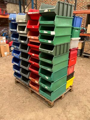a stack of bins on a pallet in a warehouse