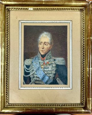 painting of a portrait of a man in a military uniform in a gold frame