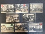 several old black and white photographs of people and vehicles on a street