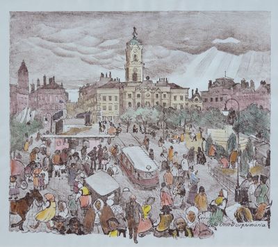 dessin représentant une foule nombreuse se promenant sur la place d'une ville