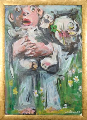 tableau représentant un enfant tenant un chien dans un champ de fleurs