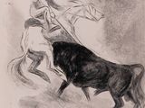drawing of a man on a horse chasing a bull with a spear