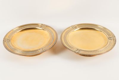 une paire de plats plaqués or sur fond blanc