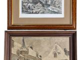 two framed pictures of buildings and a horse drawn carriage in the snow