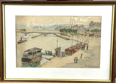 painting of a view of a harbor with boats and people on the water