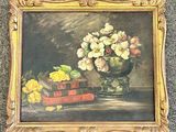 painting of flowers in a vase and books on a table