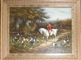 painting of a man riding a horse with a group of dogs in the background